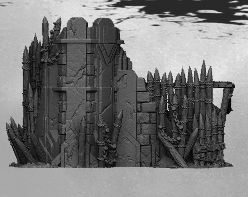 Dark realms, Warhammer, 28mm terrain, warhammer terrain, entry gate, Tabletop Terrain, Dungeons and Dragons, Fort, Defense, gift, Walls, Wall Ends, Orc Walls, Orc Ruins, Ruins, Castle, War, Ruin, Goblins, orcs, monsters, Orc terrain