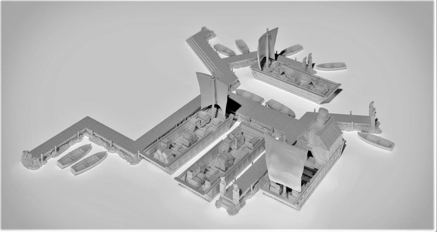 Ultimate Harbor Set - Docks - Boats - Rafts - Barges - Barrels - Crates- Sacks Bags - Dungeons n Dragons - 28mm Terrain - warhammer terrain