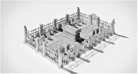 A detailed Gothic-style graveyard set, featuring wrought iron fences, tombstones, and a central mausoleum, perfect for adding a dark and eerie atmosphere to your tabletop games