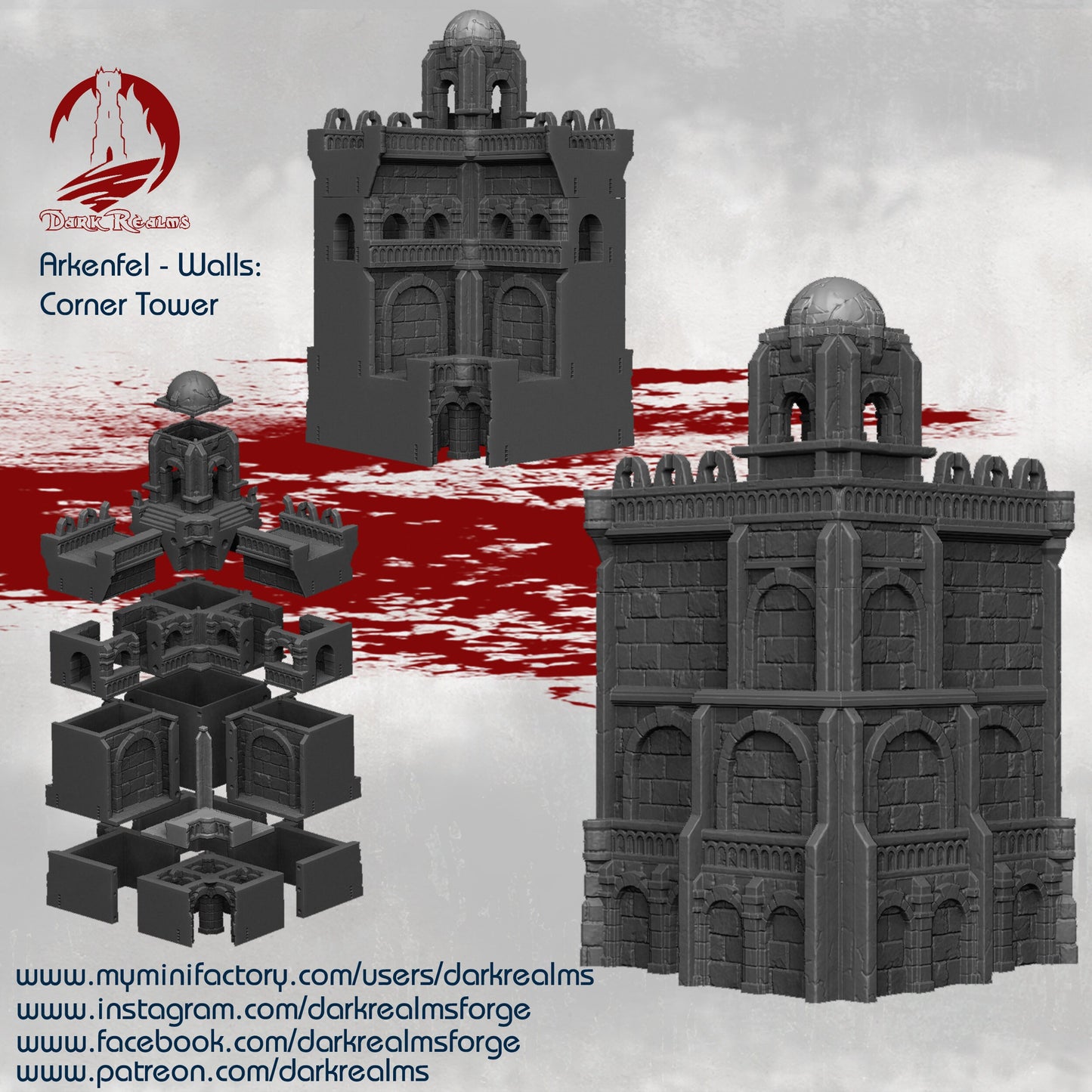 Tower, Tower Ruins, Drennheim, Wall System, Warhammer, Dungeons and Dragons, Warhammer Terrain, Terrain Gift, 28mm terrain, Tabletop Terrain, Defense, Walls, Gates, Gateway, Gate, Stronghold, castle, Castle Walls, Raid, Archer Towers, Dark Tower