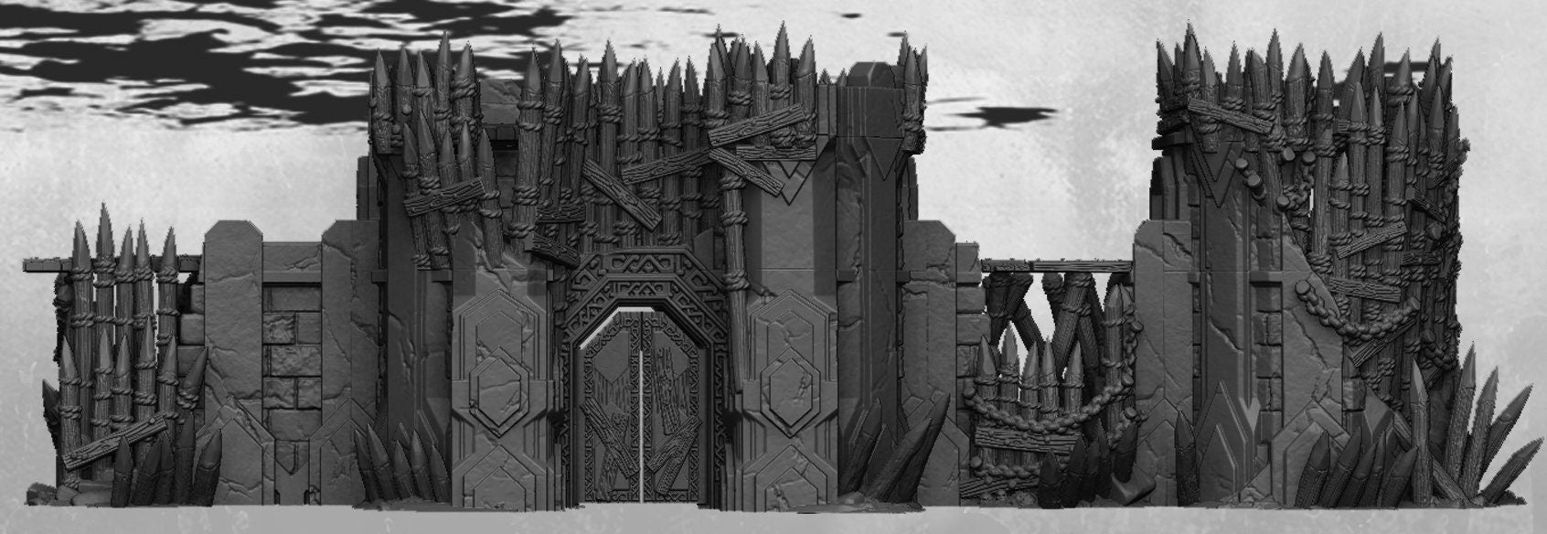 Dark realms, Warhammer, 28mm terrain, warhammer terrain, entry gate, Tabletop Terrain, Dungeons and Dragons, Fort, Defense, gift, Walls, Wall Ends, Orc Walls, Orc Ruins, Ruins, Castle, War, Ruin, Goblins, orcs, monsters, Orc terrain