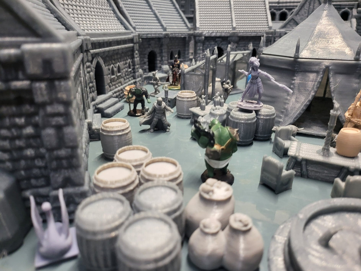 Barrels, Crates, Bags, Sacks, market stalls, market tent, tables, market goods, goods, wares, street market, town set, the town, mordheim table, ClockTower, Mordheim, dungeons and Dragons, Ruined Elven, houses, Tabletop, Fantasy Terrain, Town Set