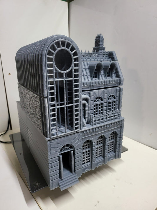 steampunk, modern, industrial terrain, post apocalyptic, warhammer, Tabletop Terrain, Tabletop games, wargaming, table top, terrain, Steampunk Laandan, Long building, Victorian Terrain, modular building, modular terrain