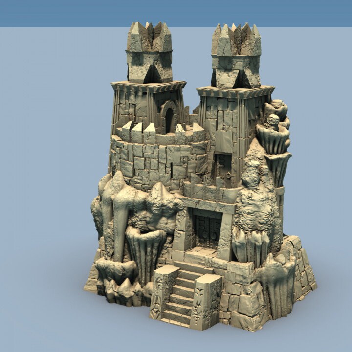 underdark, dark elf, elf, mountain hall, mountain keep, keep, tower castle, tower keep, dungeons and dragons, dnd terrain, wargaming, ruin, fantasy, tabletop games, tabletop terrain, dark keep, dark castle