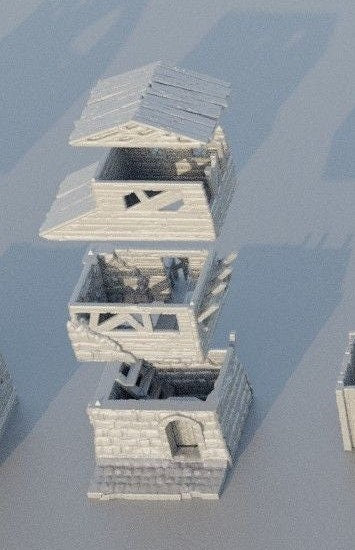 Collection of 3D-printed slum houses featuring detailed shanty structures with corrugated roofs, wooden planks, and debris. Realistic urban decay textures perfect for enhancing tabletop RPGs like DnD and Pathfinder