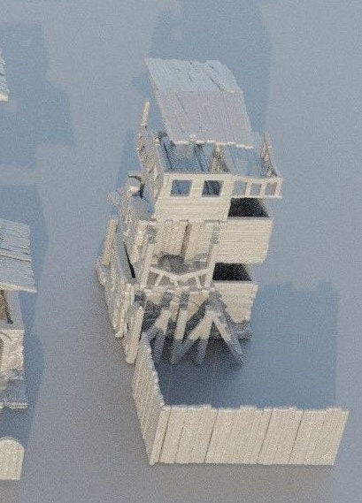 Collection of 3D-printed slum houses featuring detailed shanty structures with corrugated roofs, wooden planks, and debris. Realistic urban decay textures perfect for enhancing tabletop RPGs like DnD and Pathfinder