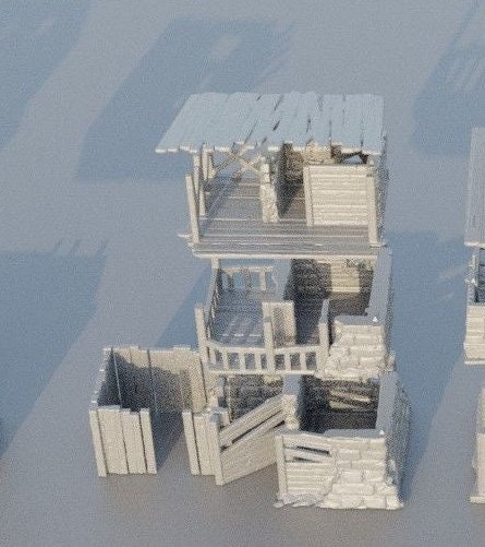 Collection of 3D-printed slum houses featuring detailed shanty structures with corrugated roofs, wooden planks, and debris. Realistic urban decay textures perfect for enhancing tabletop RPGs like DnD and Pathfinder