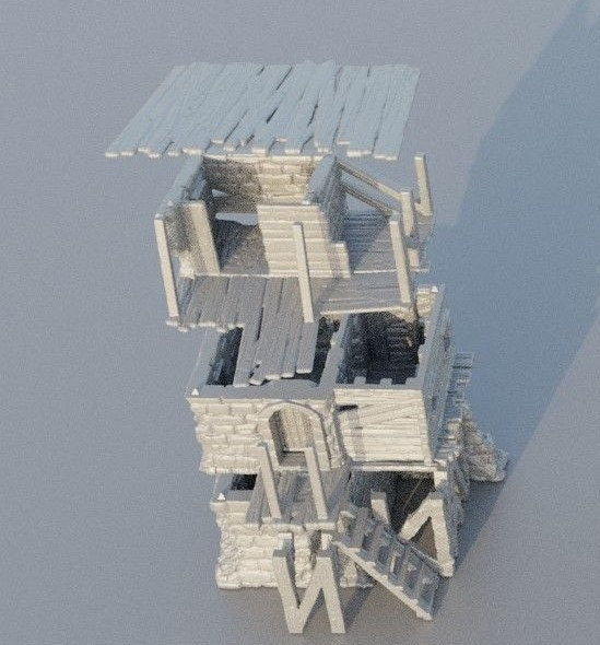 Collection of 3D-printed slum houses featuring detailed shanty structures with corrugated roofs, wooden planks, and debris. Realistic urban decay textures perfect for enhancing tabletop RPGs like DnD and Pathfinder