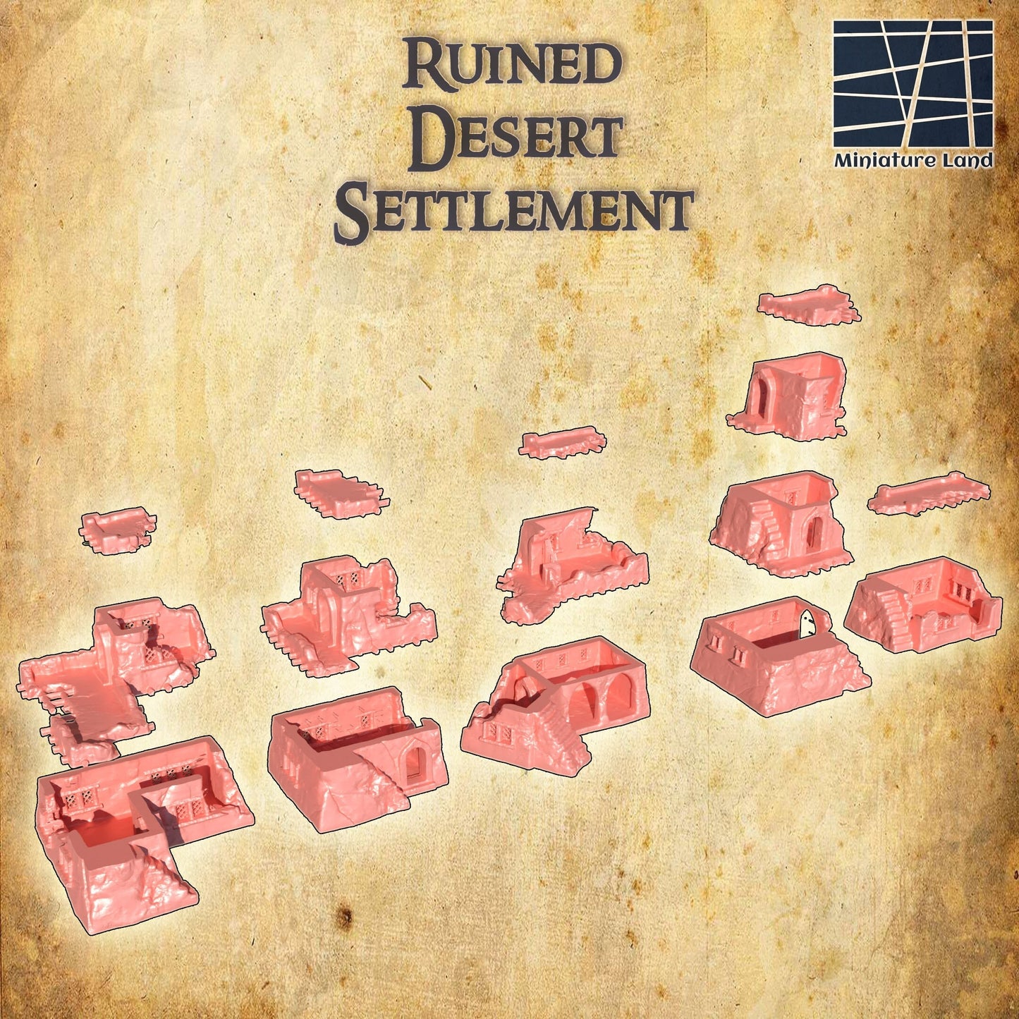 desert, desert settlement. ruined desert settlement, mud house ruins, desert ruins, tabletop ruins, ruin,ruined village, ruined town, town ruin, dnd ruin, dnd terrain,ruin terrain, terrain, tabletop terrain, ruined house