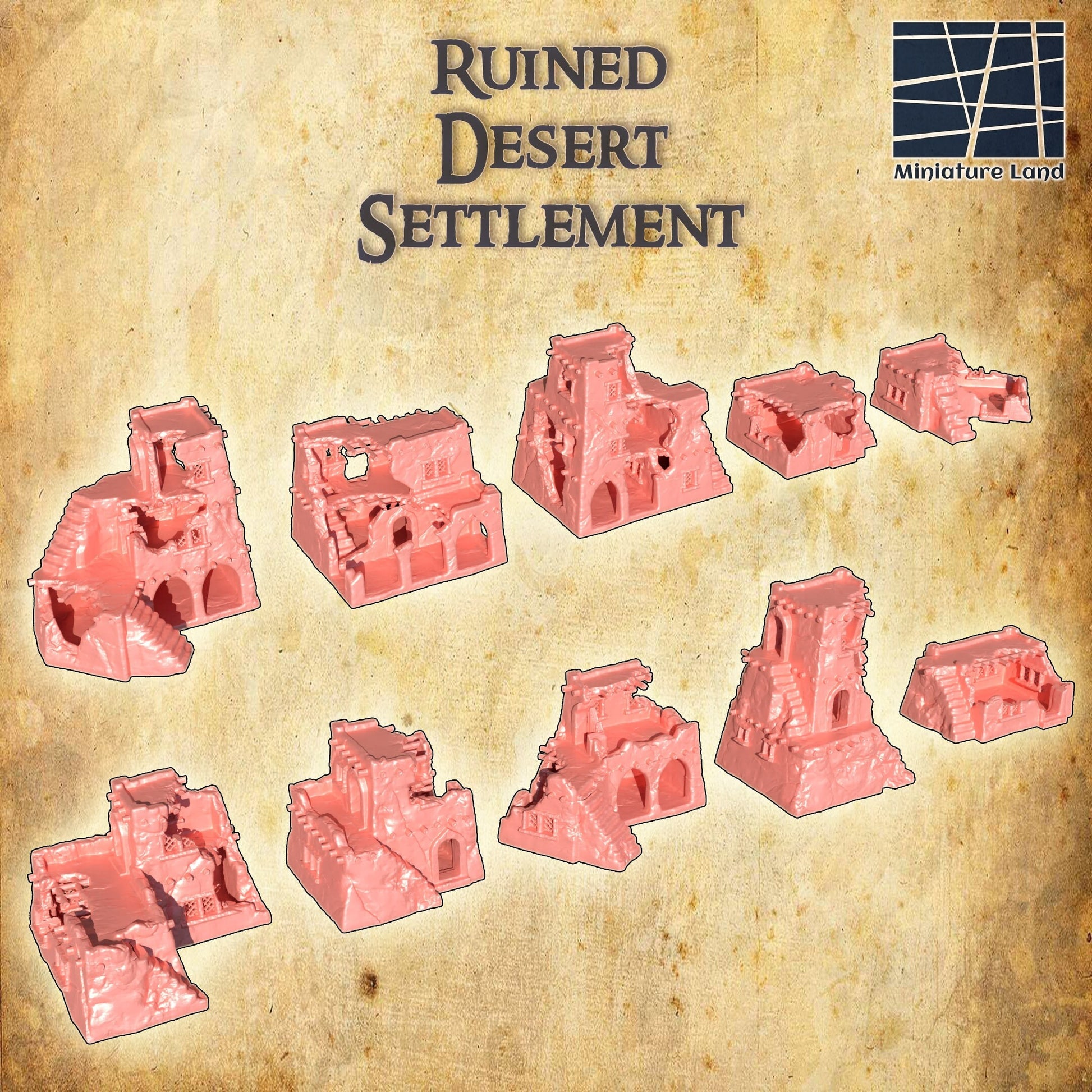 desert, desert settlement. ruined desert settlement, mud house ruins, desert ruins, tabletop ruins, ruin,ruined village, ruined town, town ruin, dnd ruin, dnd terrain,ruin terrain, terrain, tabletop terrain, ruined house