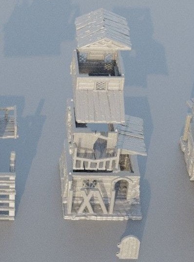 Collection of 3D-printed slum houses featuring detailed shanty structures with corrugated roofs, wooden planks, and debris. Realistic urban decay textures perfect for enhancing tabletop RPGs like DnD and Pathfinder