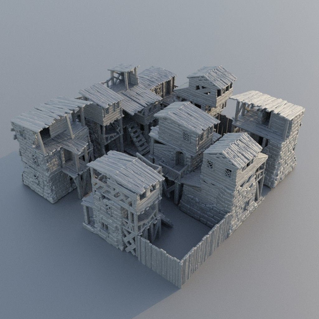 Collection of 3D-printed slum houses featuring detailed shanty structures with corrugated roofs, wooden planks, and debris. Realistic urban decay textures perfect for enhancing tabletop RPGs like DnD and Pathfinder