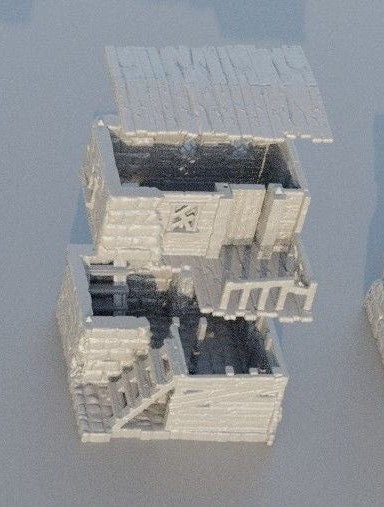 Collection of 3D-printed slum houses featuring detailed shanty structures with corrugated roofs, wooden planks, and debris. Realistic urban decay textures perfect for enhancing tabletop RPGs like DnD and Pathfinder