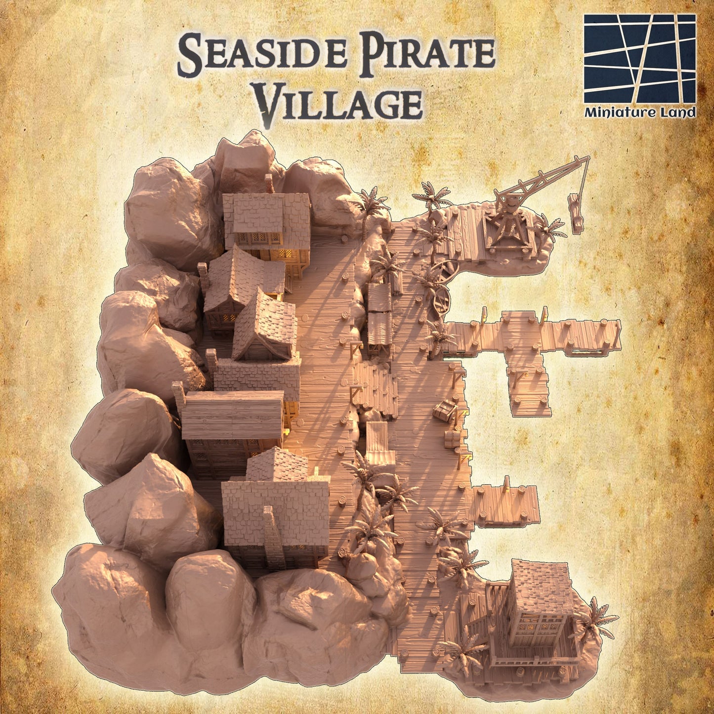 DnD Miniature, 40k Terrain, Train Terrain, Tabletop Town, Tabletop Game, Dnd Table, DND Terrain, DND Miniatures, gaming terrain, Pirate, 28mm Terrain, Pirate Island, Pirate Terrain, Pirate Houses, Caribbean Village, Jack Sparrow, Captain Hook