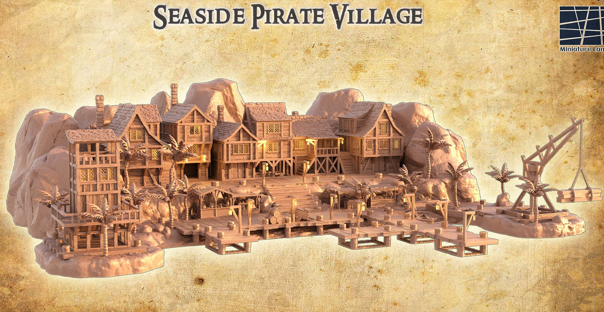 DnD Miniature, 40k Terrain, Train Terrain, Tabletop Town, Tabletop Game, Dnd Table, DND Terrain, DND Miniatures, gaming terrain, Pirate, 28mm Terrain, Pirate Island, Pirate Terrain, Pirate Houses, Caribbean Village, Jack Sparrow, Captain Hook