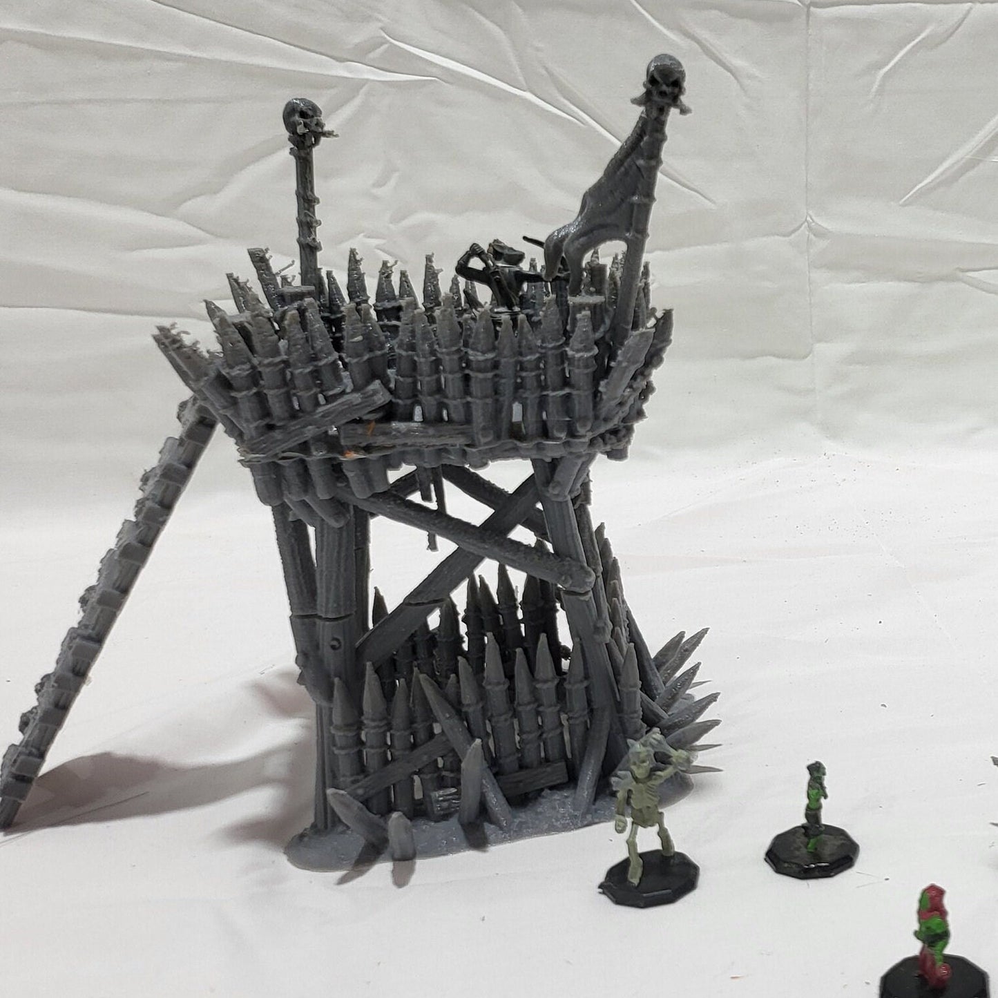 Orc Lookout Tower for tabletop wargaming with a rickety wooden platform, thick log supports, ladders, and spiked fortifications. Perfect for orc camps and strategic outposts in Warhammer, D&D, Pathfinder, and Bolt Action.