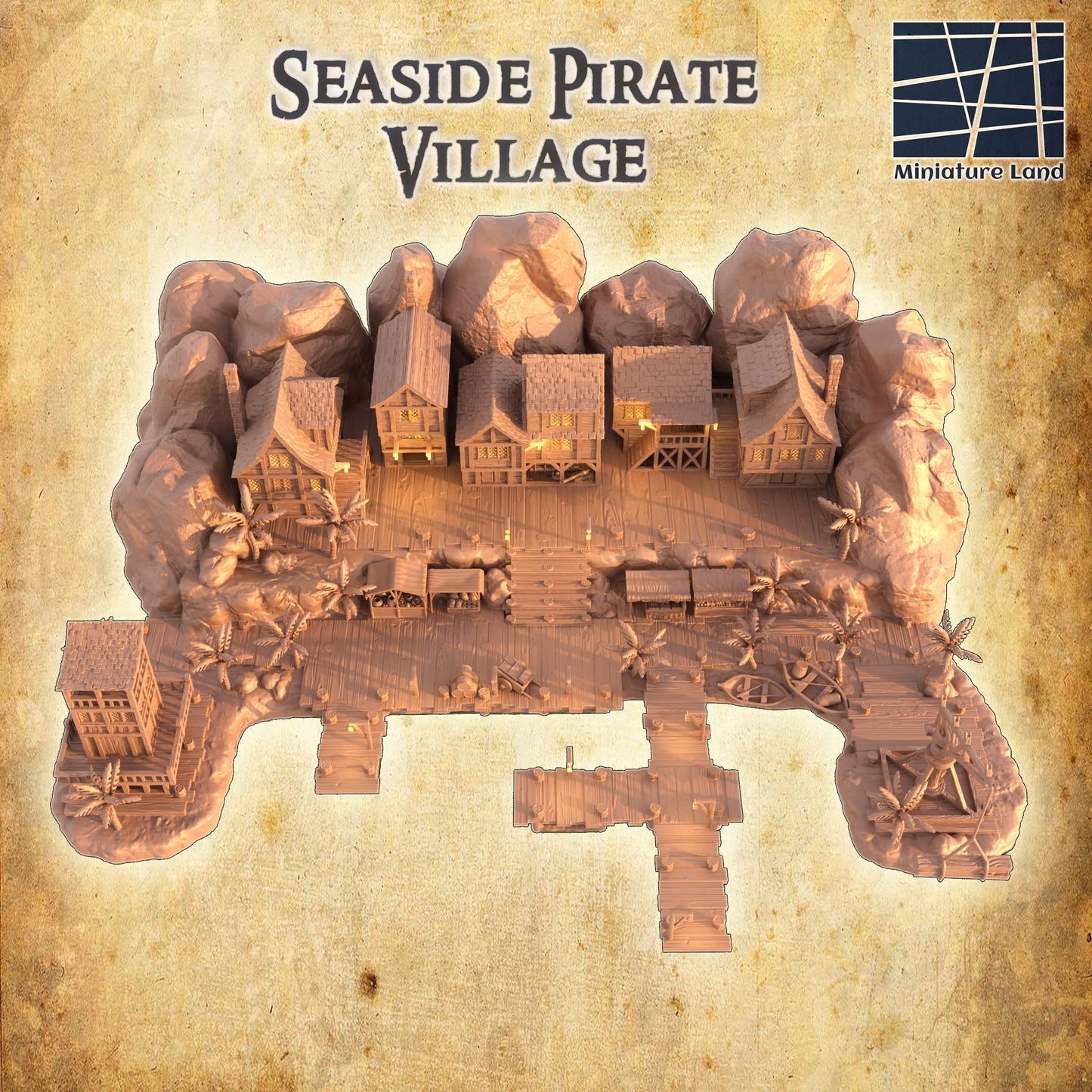 DnD Miniature, 40k Terrain, Train Terrain, Tabletop Town, Tabletop Game, Dnd Table, DND Terrain, DND Miniatures, gaming terrain, Pirate, 28mm Terrain, Pirate Island, Pirate Terrain, Pirate Houses, Caribbean Village, Jack Sparrow, Captain Hook