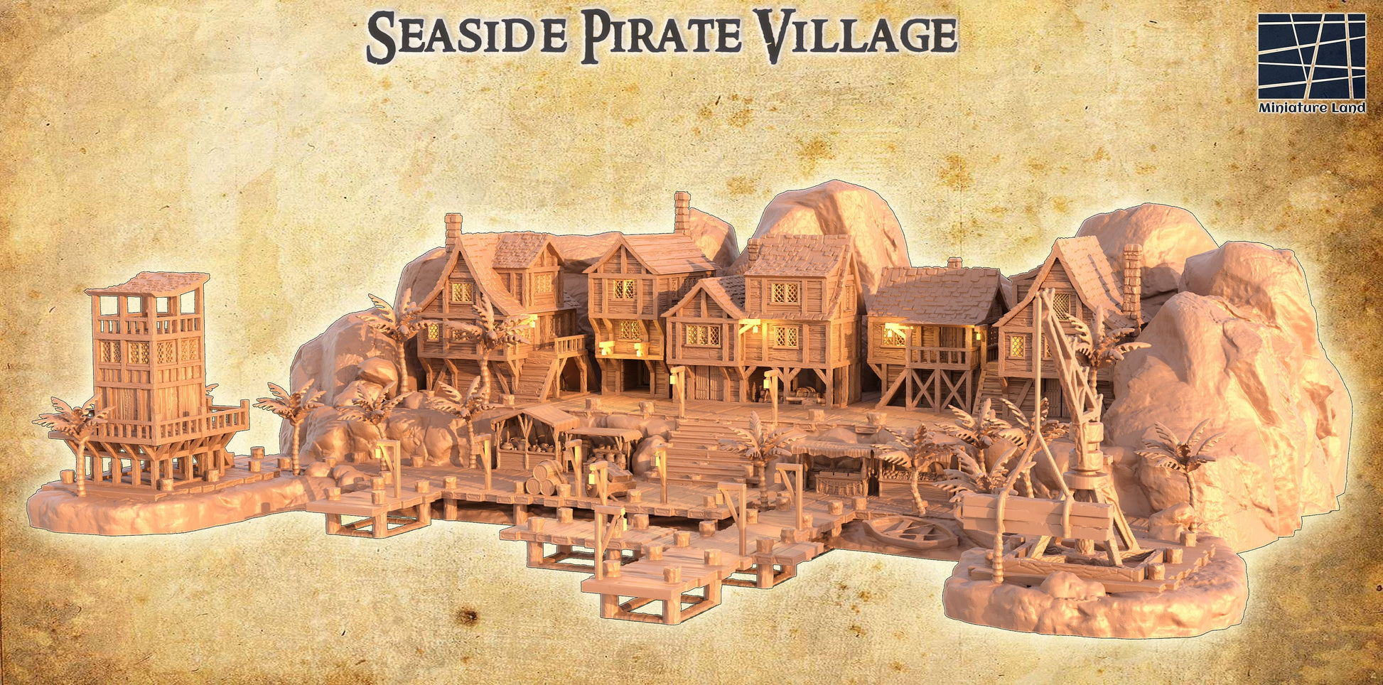 DnD Miniature, 40k Terrain, Train Terrain, Tabletop Town, Tabletop Game, Dnd Table, DND Terrain, DND Miniatures, gaming terrain, Pirate, 28mm Terrain, Pirate Island, Pirate Terrain, Pirate Houses, Caribbean Village, Jack Sparrow, Captain Hook