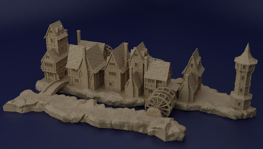 Detailed 28mm medieval river village set for tabletop RPGs, featuring buildings and riverfront terrain with intricate designs. Perfect for creating immersive village scenes in games like D&D and Pathfinder.