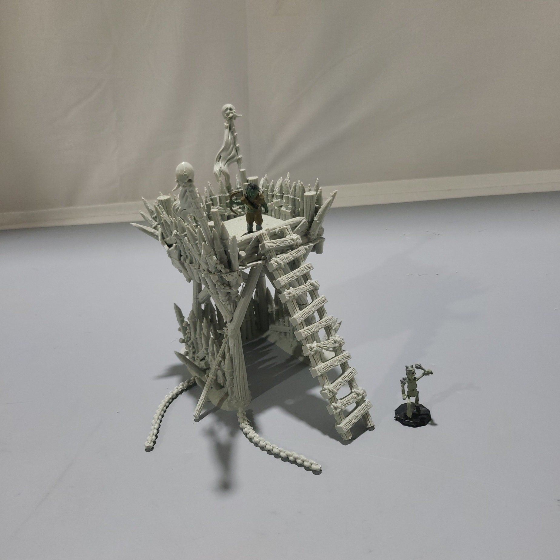 Orc Lookout Tower for tabletop wargaming with a rickety wooden platform, thick log supports, ladders, and spiked fortifications. Perfect for orc camps and strategic outposts in Warhammer, D&D, Pathfinder, and Bolt Action.