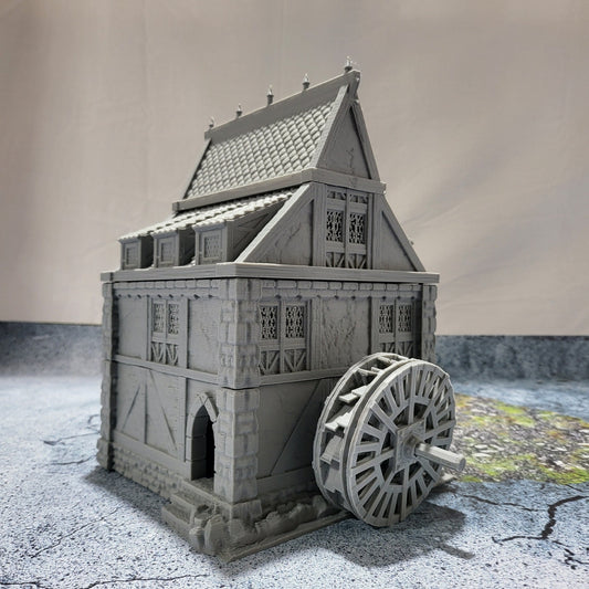 Watermill - Drennheim City Terrain - 28mm Terrain - Working Water wheel - Dungeons and Dragons - 28mm Terrain - warhammer terrain