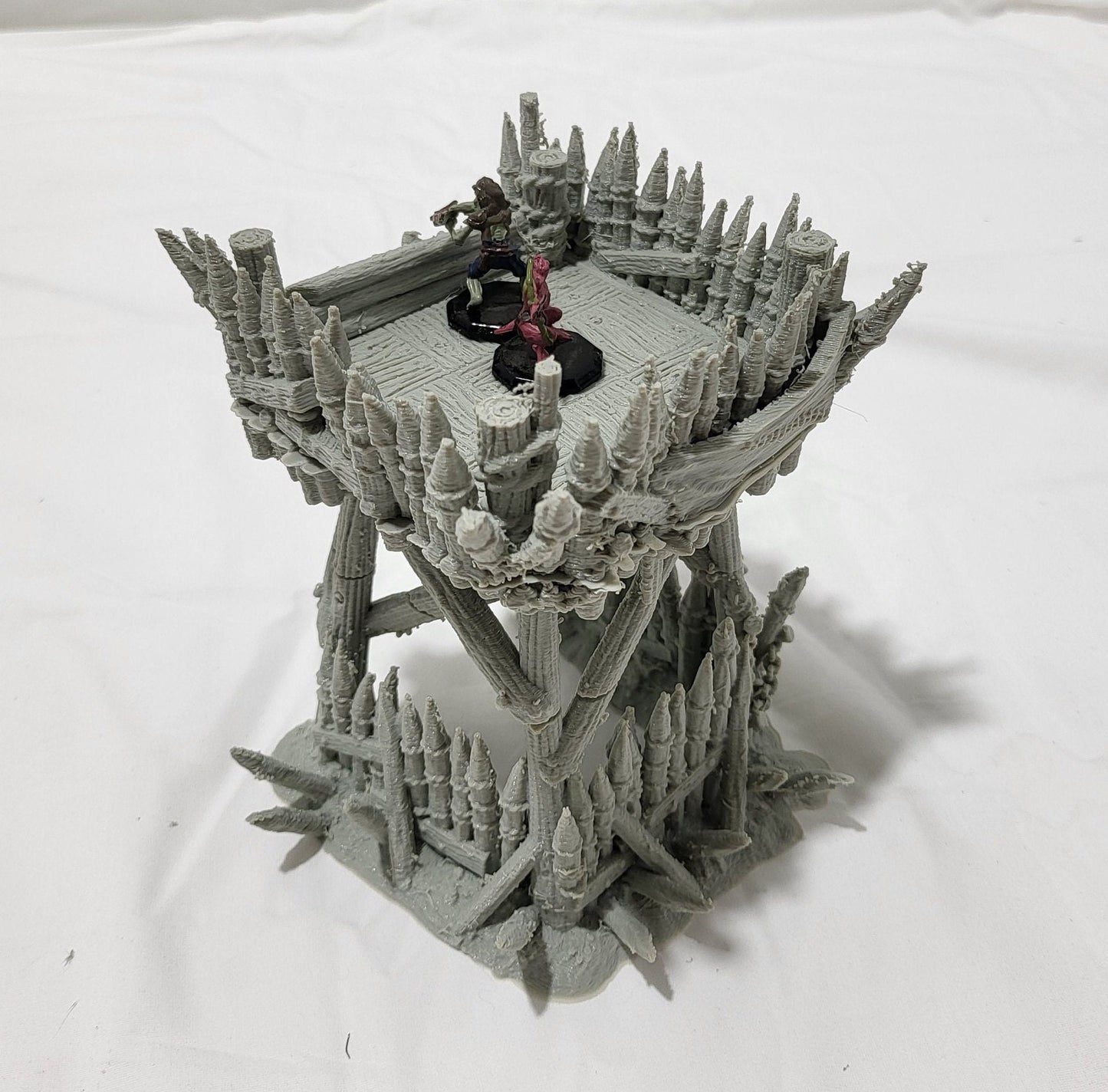 Orc Lookout Tower for tabletop wargaming with a rickety wooden platform, thick log supports, ladders, and spiked fortifications. Perfect for orc camps and strategic outposts in Warhammer, D&D, Pathfinder, and Bolt Action.