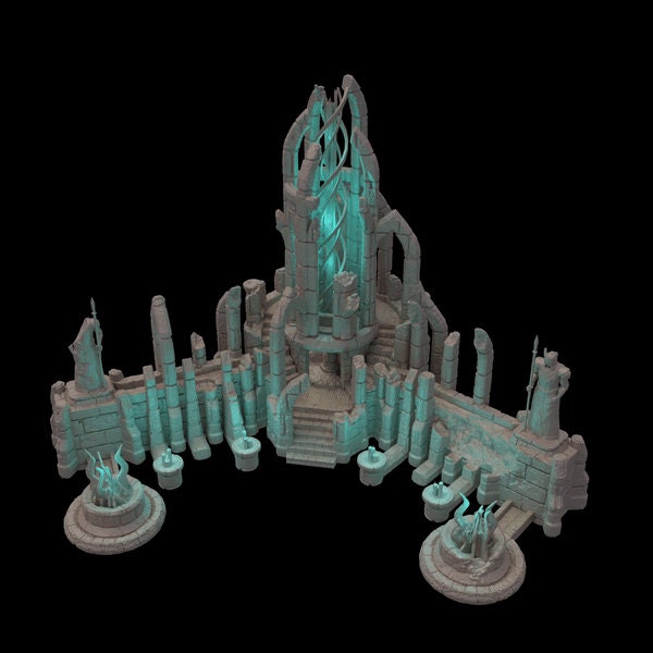 A detailed ruined elven altar featuring intricate carvings and statues, with a central spiral column and surrounding broken pillars. The scene includes multiple staircases and platforms, providing a mystical and ancient ambiance for tabletop games.