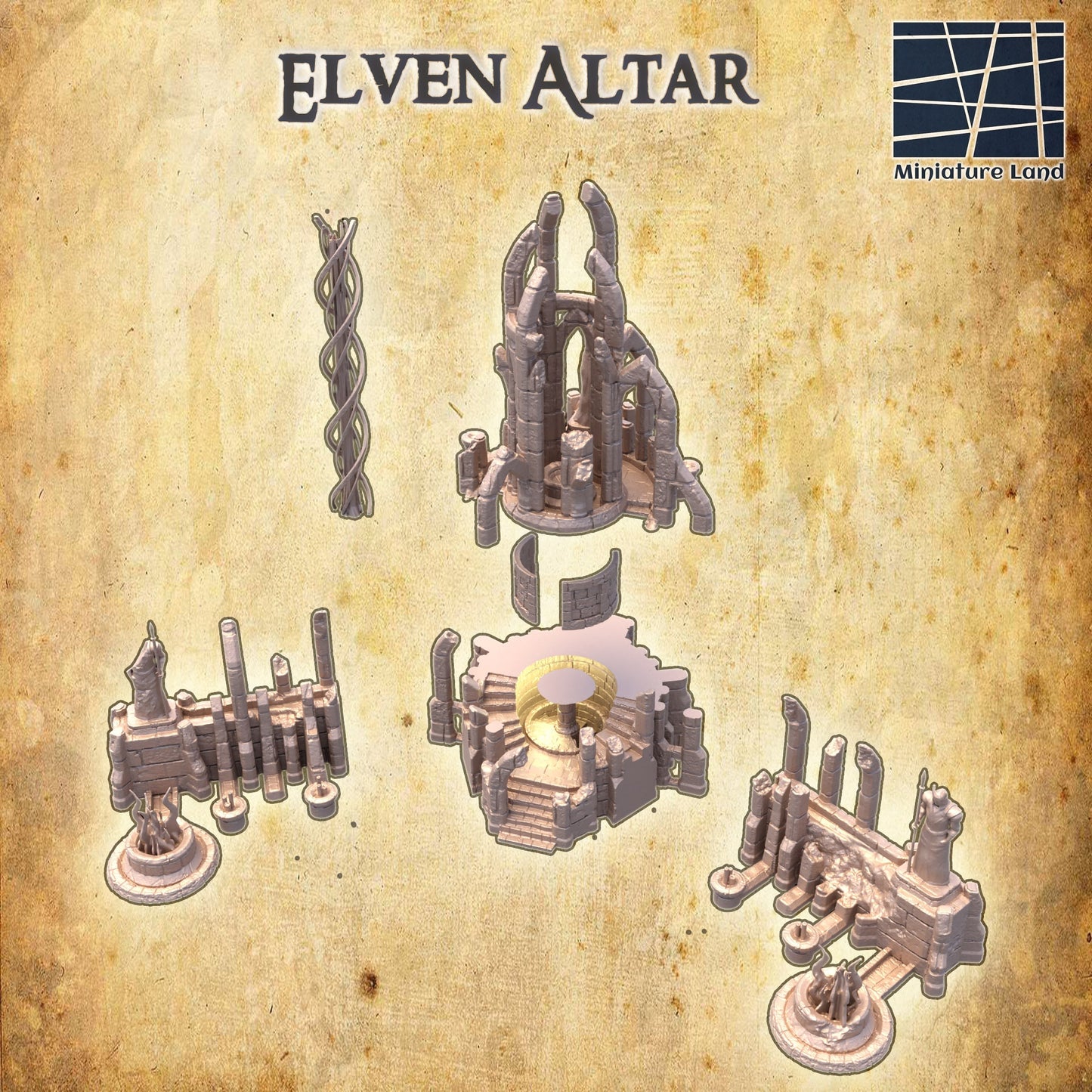 A detailed ruined elven altar featuring intricate carvings and statues, with a central spiral column and surrounding broken pillars. The scene includes multiple staircases and platforms, providing a mystical and ancient ambiance for tabletop games.