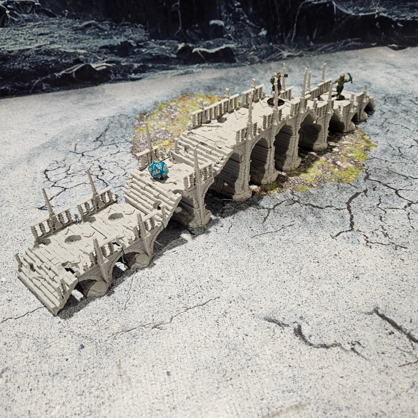 Bridge, ruin, ruin bridge,span bridge,wargaming,dungeons and dragons,tabletop terrain,water terrain,water crossing,river crossing,river,bridge battle,creek, this bridge has been ruined