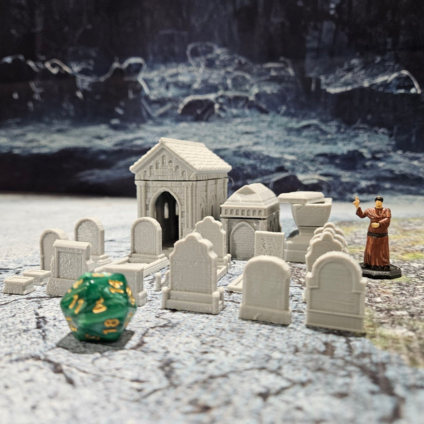 small yet captivating graveyard. The graveyard is graced with fifteen beautifully-crafted grave plots and stones, each telling a story of its own. In the center of it all stands a small mausoleum, a testament to the craftsmanship of its creators.