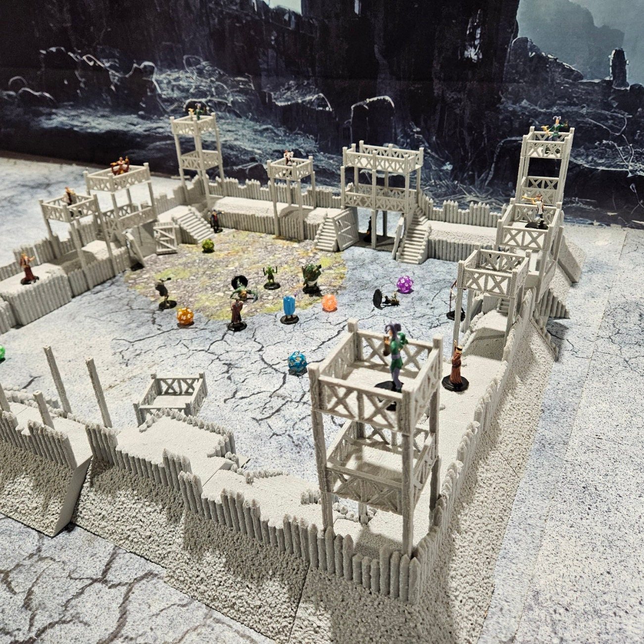 Desert Wall Kit for tabletop wargaming with detailed walls, defensive towers, and gates. Ideal for desert fortifications, Roman camps, and recreating the Battle of Alesia in Warhammer, D&D, Pathfinder, and historical-themed games.