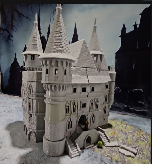 Castle Dracul Manor for tabletop wargaming with detailed multi-level structure, including haunted halls. Basement crypts sold separately. Ideal for gothic adventures in Warhammer, D&D, Pathfinder, and horror-themed games.