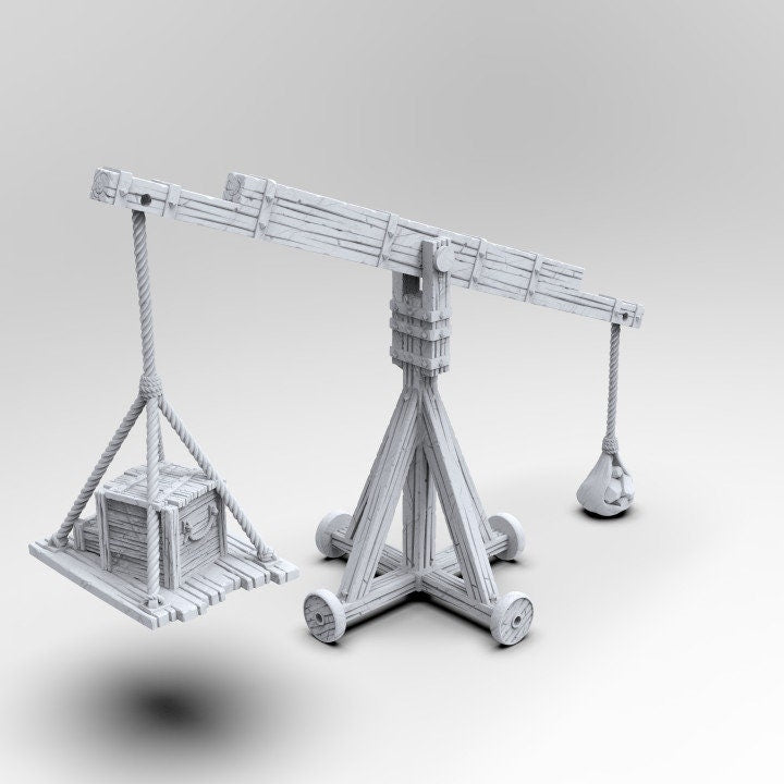 The Balance Crane model features a detailed counterweight mechanism, a pivoting boom, and a realistic wooden frame, perfect for medieval and fantasy tabletop settings.