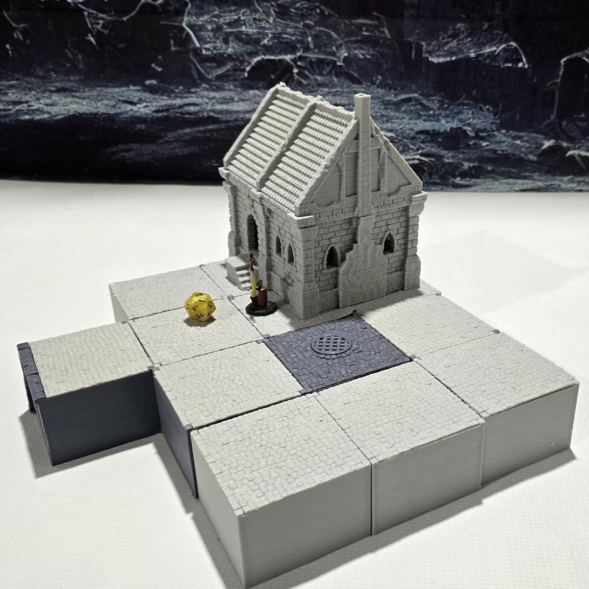 Detailed 3D-printed Ancrabourg Sewer System set for tabletop RPGs like DnD and Pathfinder. Features include intricate stone walls, water entries, manholes, and connecting tunnels. Ideal for adding depth and immersion to underground and sewer