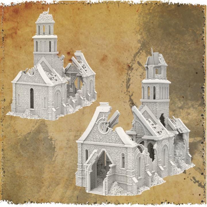 Grimdale Church of the Dale for tabletop wargaming, ruined church, DnD, Pathfinder, Bolt Action, Revolutionary War games, 3D printed PLA terrain, high-quality ruins, realistic textures, strategic gameplay, RPG scenery, detailed architecture.