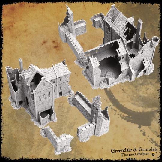 Grimdale Ruined Castle for tabletop wargaming, ruined castle, DnD, Pathfinder, Bolt Action, Revolutionary War games, 3D printed PLA terrain, high-quality ruins, realistic textures, strategic gameplay, RPG scenery, detailed architecture.