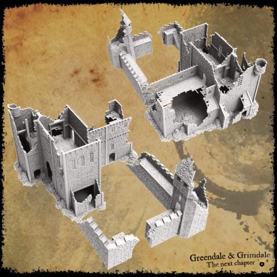 Grimdale Ruined Castle for tabletop wargaming, ruined castle, DnD, Pathfinder, Bolt Action, Revolutionary War games, 3D printed PLA terrain, high-quality ruins, realistic textures, strategic gameplay, RPG scenery, detailed architecture.