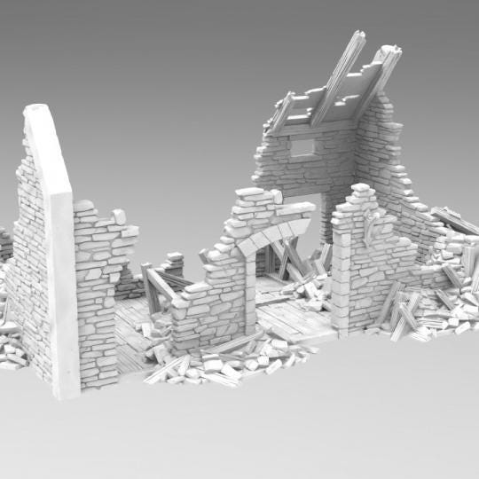 Grimdale Ruined Cattle Shed for tabletop wargaming, ruined shed, DnD, Pathfinder, Bolt Action, Revolutionary War games, 3D printed PLA terrain, high-quality ruins, realistic textures, strategic gameplay, RPG scenery, detailed architecture.