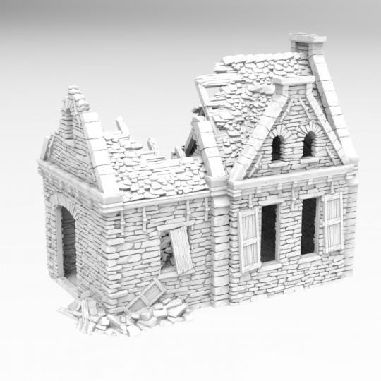 Grimdale Ruined Chiswicks Residence for tabletop wargaming, ruined residence, DnD, Pathfinder, Bolt Action, Revolutionary War games, 3Dprinted PLA terrain, high-quality ruins, realistic textures, strategic gameplay, RPG scenery, detailed architecture