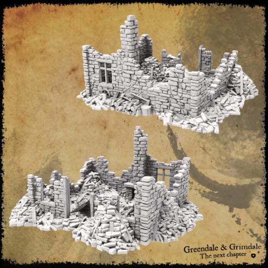 Grimdale Ruined Farmhouse for tabletop wargaming, ruined farmhouse, DnD, Pathfinder, Bolt Action, Revolutionary War games, 3D printed PLA terrain, high-quality ruins, realistic textures, strategic gameplay, RPG scenery, detailed architecture.