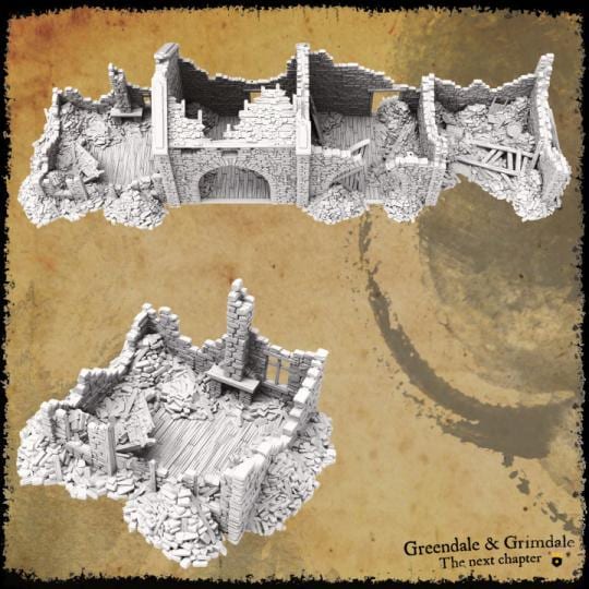 Grimdale Ruined Farmhouse for tabletop wargaming, ruined farmhouse, DnD, Pathfinder, Bolt Action, Revolutionary War games, 3D printed PLA terrain, high-quality ruins, realistic textures, strategic gameplay, RPG scenery, detailed architecture.