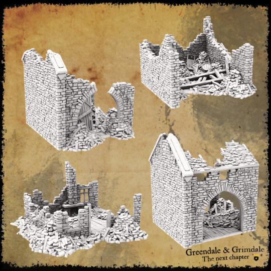 Grimdale Ruined Farmhouse for tabletop wargaming, ruined farmhouse, DnD, Pathfinder, Bolt Action, Revolutionary War games, 3D printed PLA terrain, high-quality ruins, realistic textures, strategic gameplay, RPG scenery, detailed architecture.