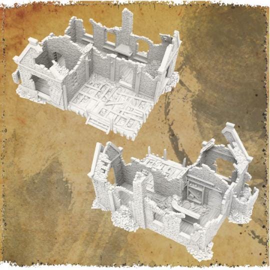 Grimdale GoldCrown Tavern for tabletop wargaming, ruined tavern, DnD, Pathfinder, Bolt Action, Revolutionary War games, 3D printed PLA terrain, high-quality ruins, realistic textures, strategic gameplay, RPG scenery, detailed architecture.