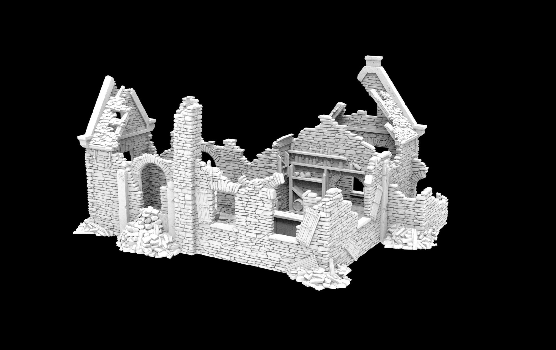 Grimdale GoldCrown Tavern for tabletop wargaming, ruined tavern, DnD, Pathfinder, Bolt Action, Revolutionary War games, 3D printed PLA terrain, high-quality ruins, realistic textures, strategic gameplay, RPG scenery, detailed architecture.