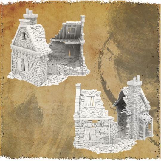 Intricately designed ruins featuring detailed stone walls, wooden beams, and a partially collapsed roof. Realistic textures of brick and wood debris scattered around the structure, with broken windows, doors, and chimney to the authentic ruined look.