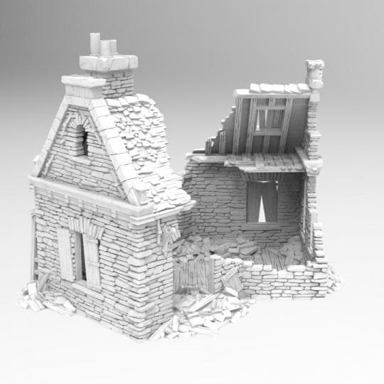 Intricately designed ruins featuring detailed stone walls, wooden beams, and a partially collapsed roof. Realistic textures of brick and wood debris scattered around the structure, with broken windows, doors, and chimney to the authentic ruined look.