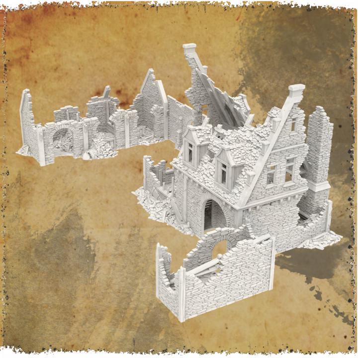 Grimdale Road Side Inn for tabletop wargaming, ruined inn, DnD, Pathfinder, Bolt Action, Revolutionary War games, 3D printed PLA terrain, high-quality ruins, realistic textures, strategic gameplay, RPG scenery, detailed architecture.