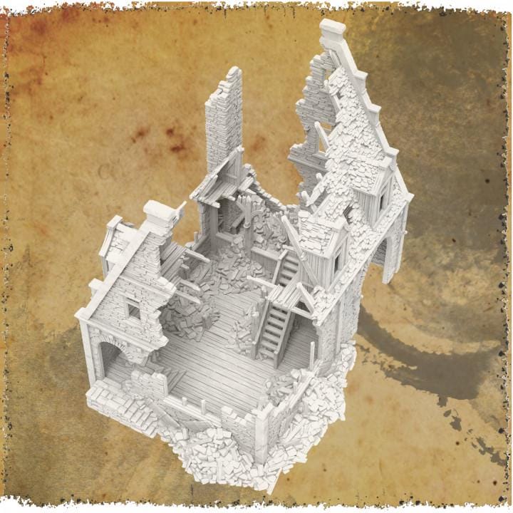 Grimdale Road Side Inn for tabletop wargaming, ruined inn, DnD, Pathfinder, Bolt Action, Revolutionary War games, 3D printed PLA terrain, high-quality ruins, realistic textures, strategic gameplay, RPG scenery, detailed architecture.