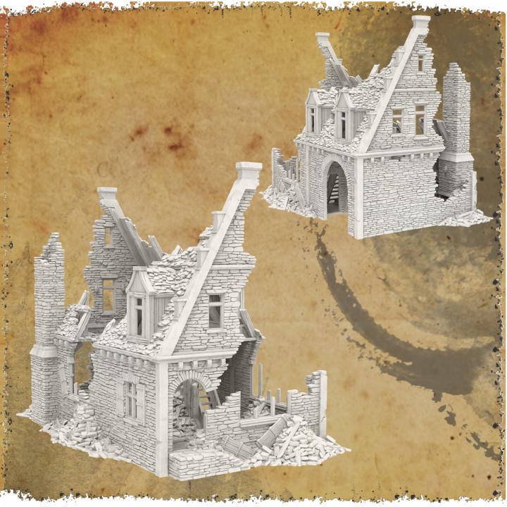 Grimdale Road Side Inn for tabletop wargaming, ruined inn, DnD, Pathfinder, Bolt Action, Revolutionary War games, 3D printed PLA terrain, high-quality ruins, realistic textures, strategic gameplay, RPG scenery, detailed architecture.