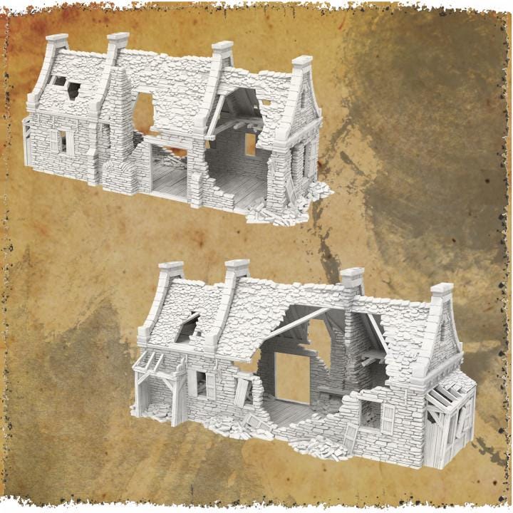 Grimdale Moore&#39;s Residence Ruin for tabletop wargaming, ruined residence, DnD, Pathfinder, Bolt Action, Revolutionary War games, 3D printed PLA terrain, high-quality ruins, realistic textures, strategic gameplay, RPG scenery, detailed architecture.